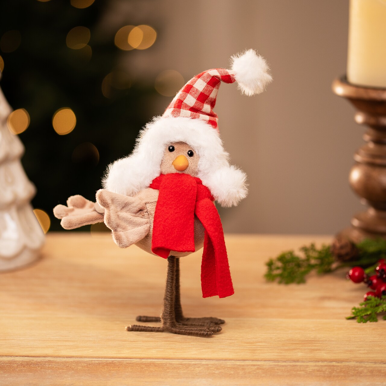Northlight Right Facing Standing Bird with Scarf and Plaid Hat Christmas Figure - 8.5"